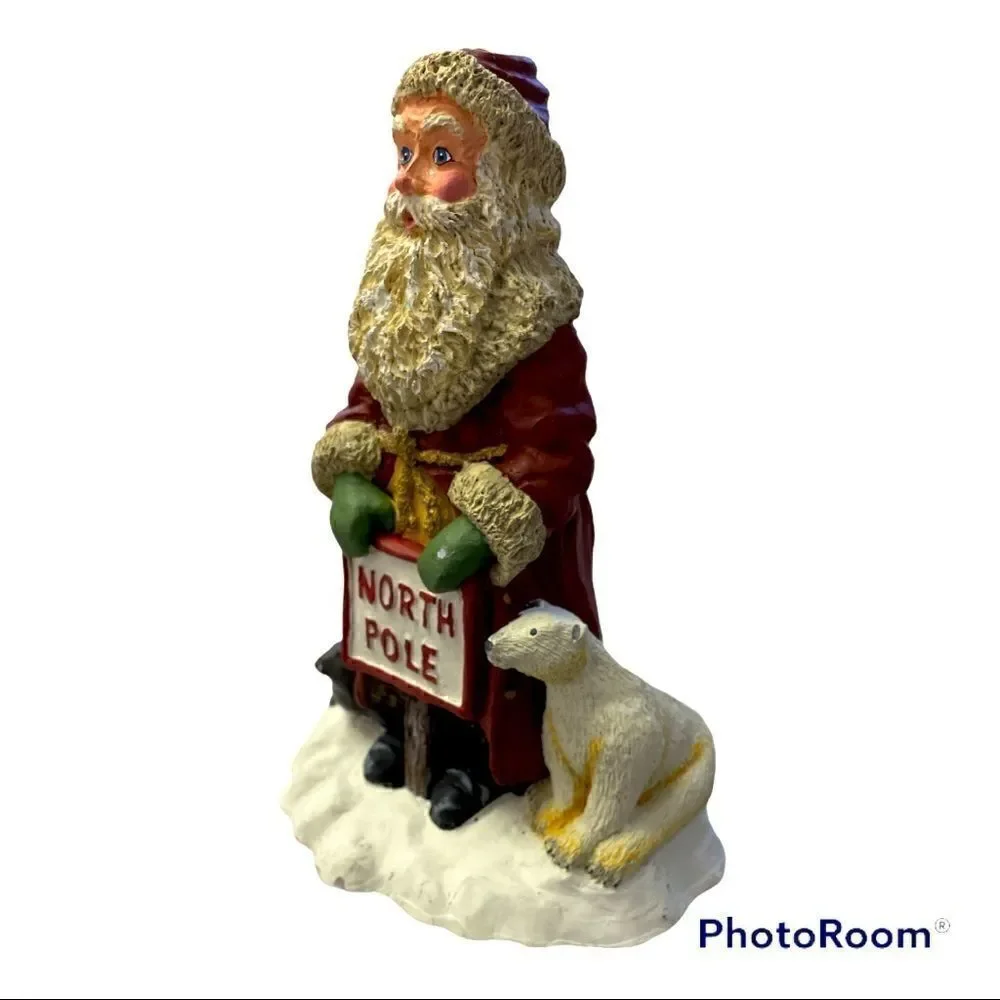 Vintage Hand painted and signed Santa & Polar bear, Bill Davis 1997 Pecan Resin